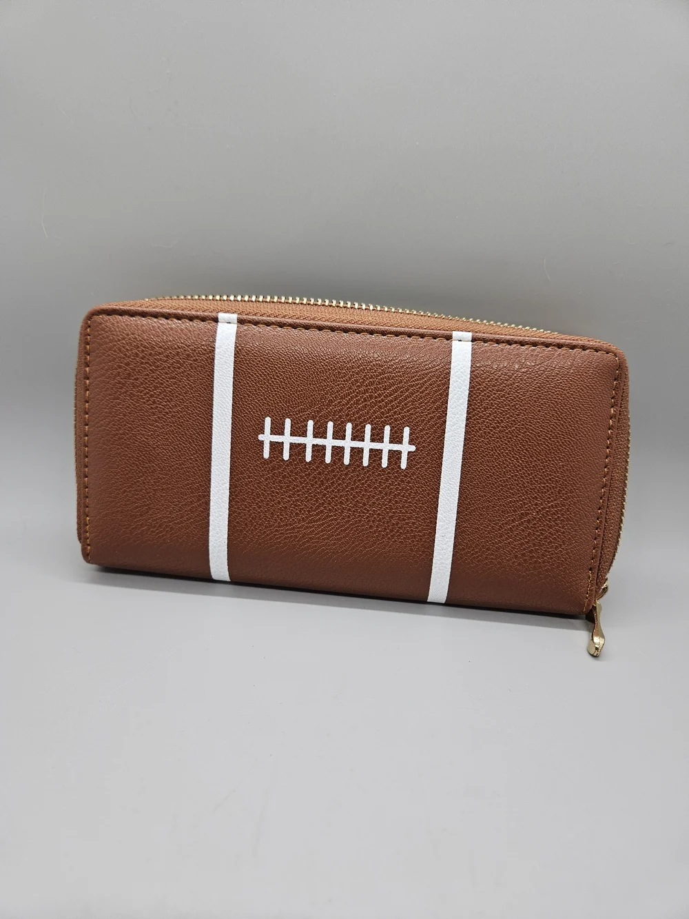 Women's Football Zip Around Wallet Clutch Brown Faux Leather Game Day Organizer